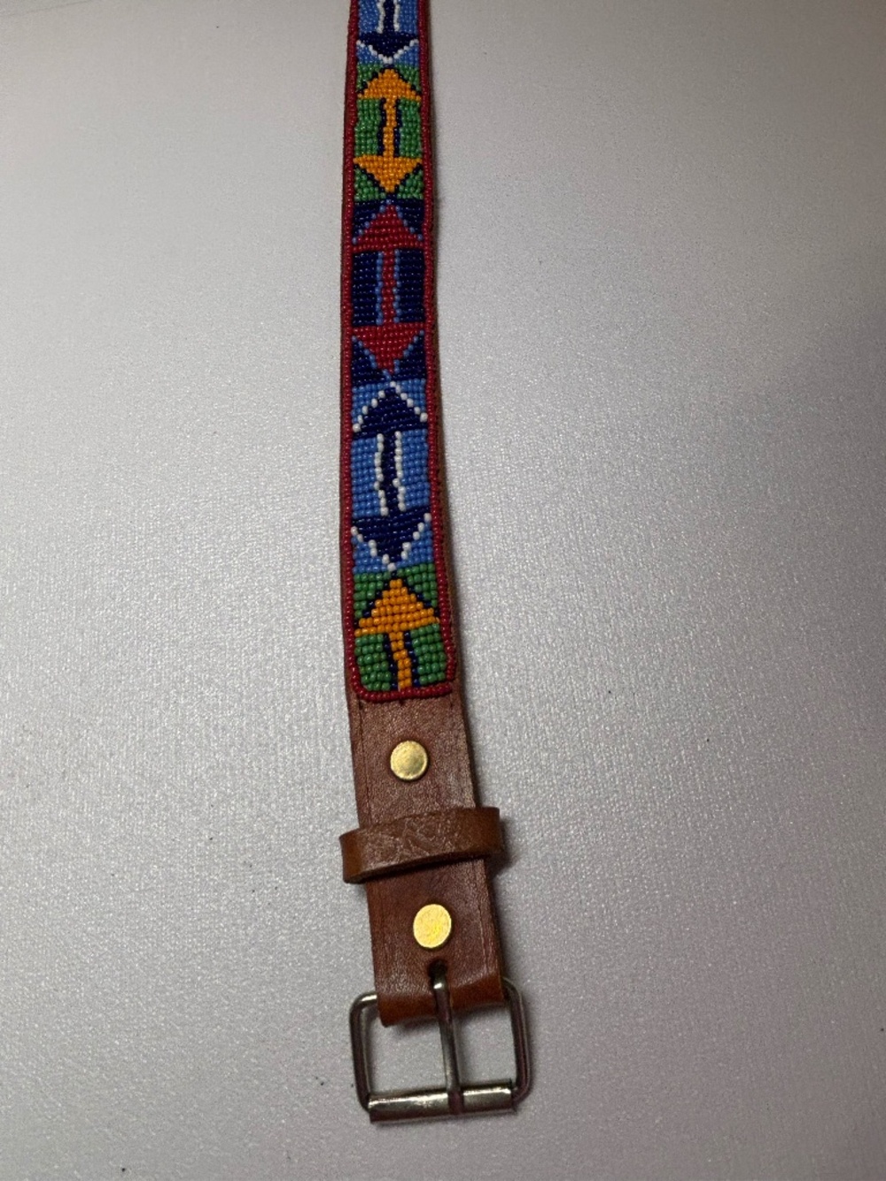 Multicolor Flag Seed Bead Brown Leather Belt Boho